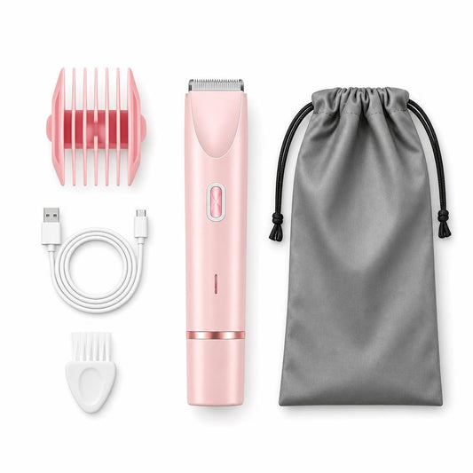 Depilador eléctrico Suave con sus accesorios: guía de peine, cable USB-C, cepillo y bolsa de viaje